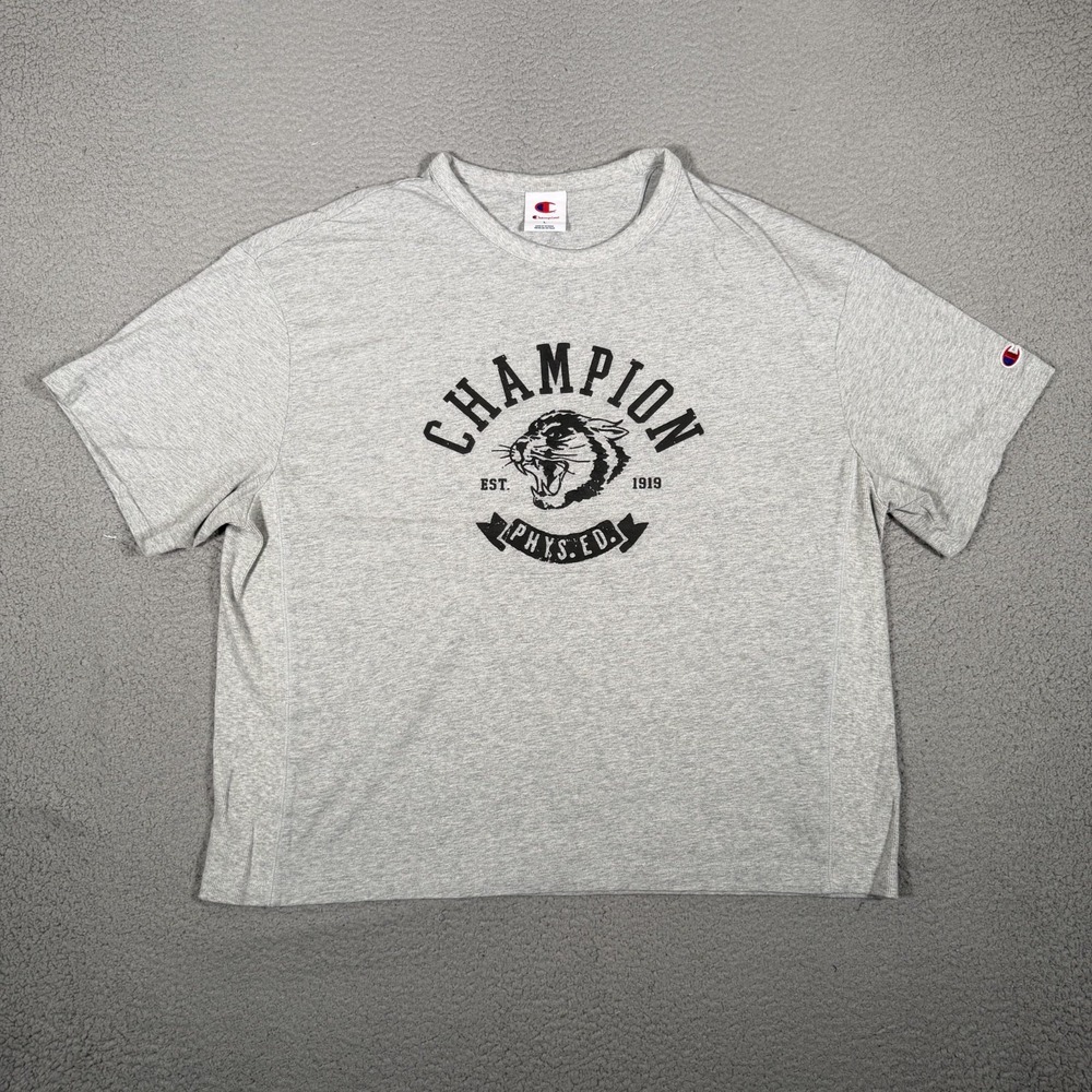 Champion Shirt Mens Large Gray Tiger Graphic Tee Cotton Casual Preppy Logo